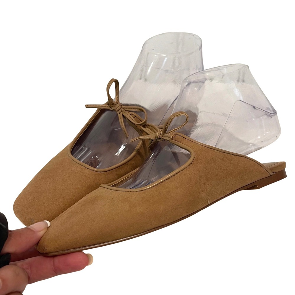 J.Crew Mary Jane Mules Womens 6 Tan Suede Square Toe Bow Balletcore Flat CL331